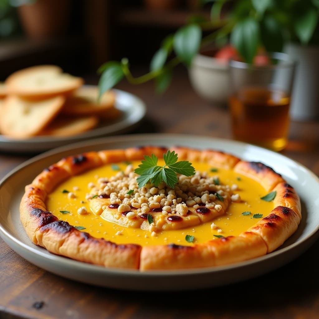 Bol de cerámica blanca con dip cremoso de berenjena asada, decorado con granos rojos de granada, almendras fileteadas tostadas y un hilo de aceite de oliva virgen extra. Acompañado de bastones de zanahoria y pan de pita tostado sobre una tabla de madera rústica.