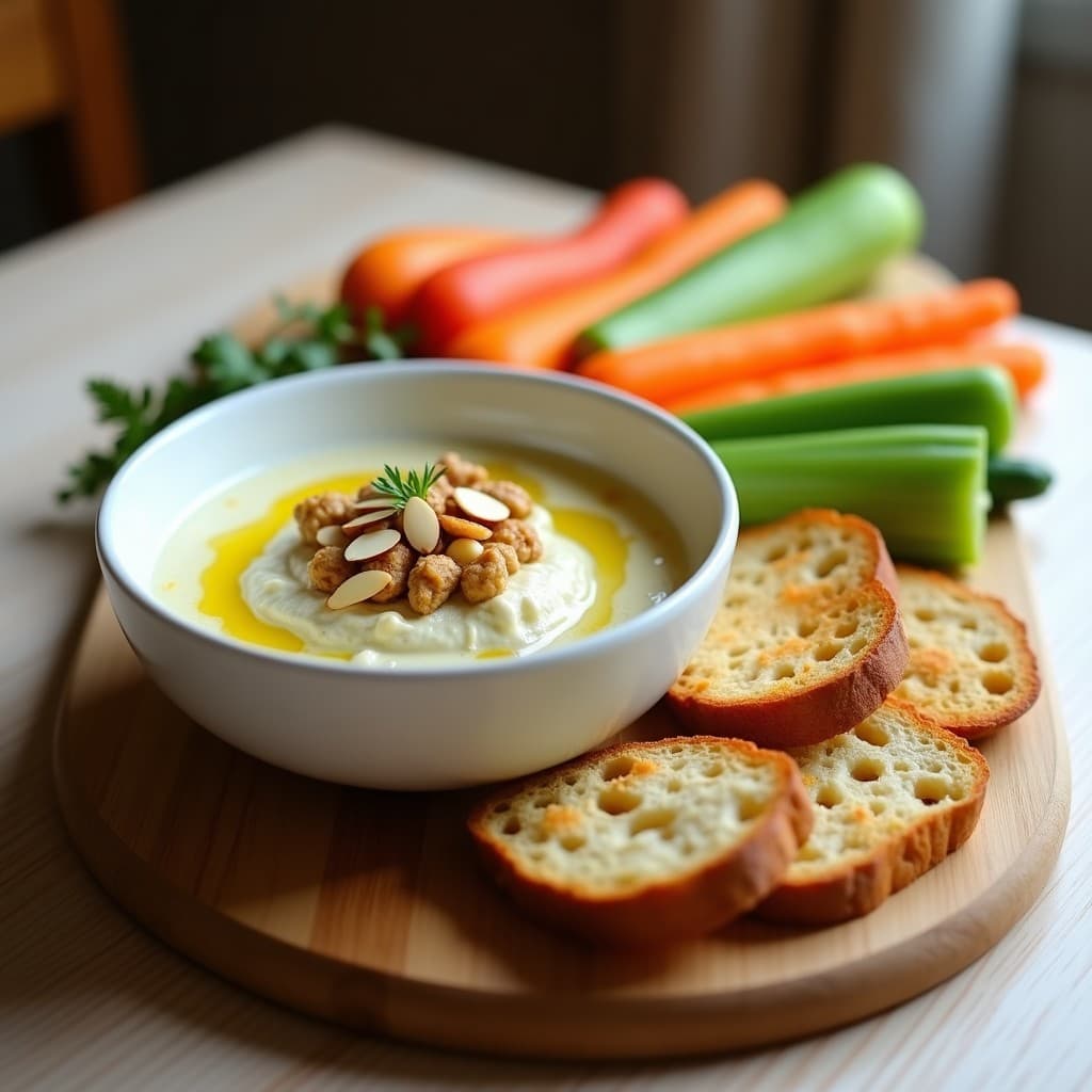 Bol de cerámica blanca con dip de berenjena asada y queso de cabra, decorado con nueces tostadas, miel de tomillo y cebollino fresco. Acompañado de crudités y pan de centeno en una mesa rústica de madera con fondo de cocina francesa.