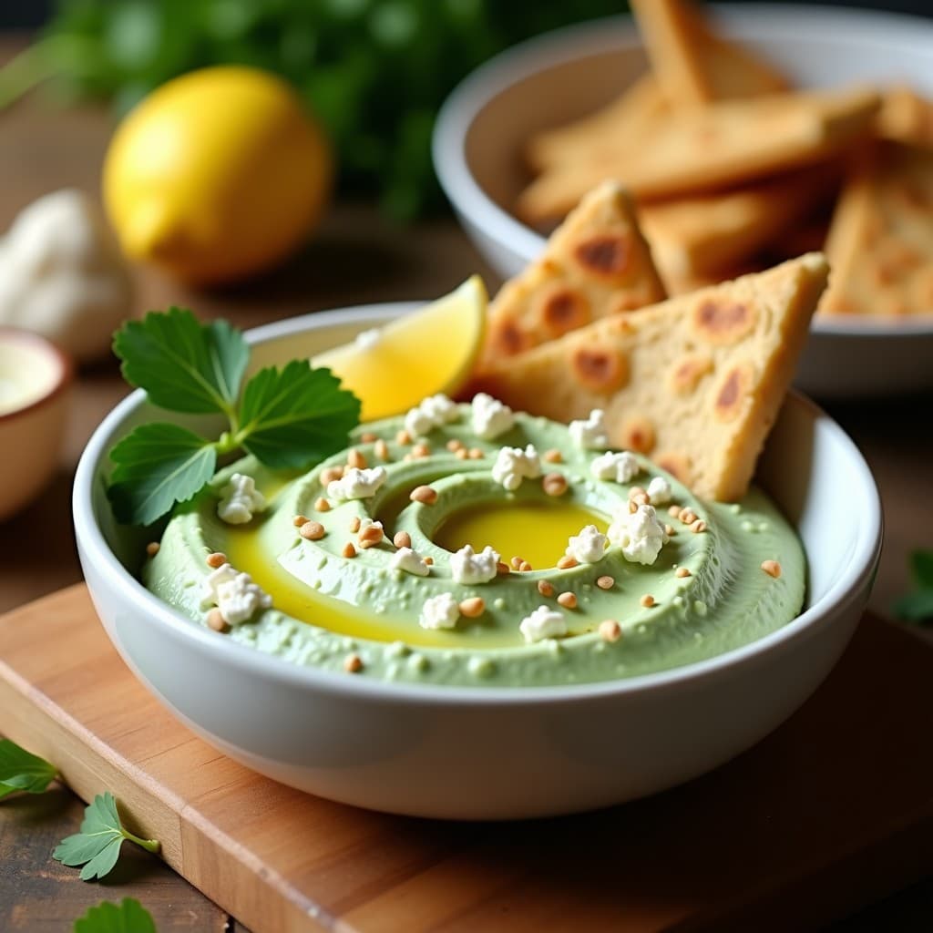 Bol hondo de cerámica blanca con dip cremoso de berros verdes y queso feta desmenuzado, decorado con hojas de menta fresca y un hilo de aceite de oliva. Acompañado de triángulos dorados de pan de pita integral tostado con semillas de sésamo, sobre una tabla de madera rústica con fondo de cocina mediterránea.