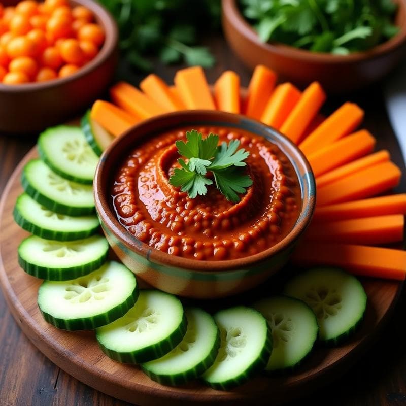 Bol de cerámica con dip de garbanzos negros y achiote de color rojizo intenso, decorado con cilantro fresco. Acompañado de crudités de jicama, pepino y zanahoria en bastones sobre una tabla de madera rústica. Receta mexicana vegana y sin cocción.