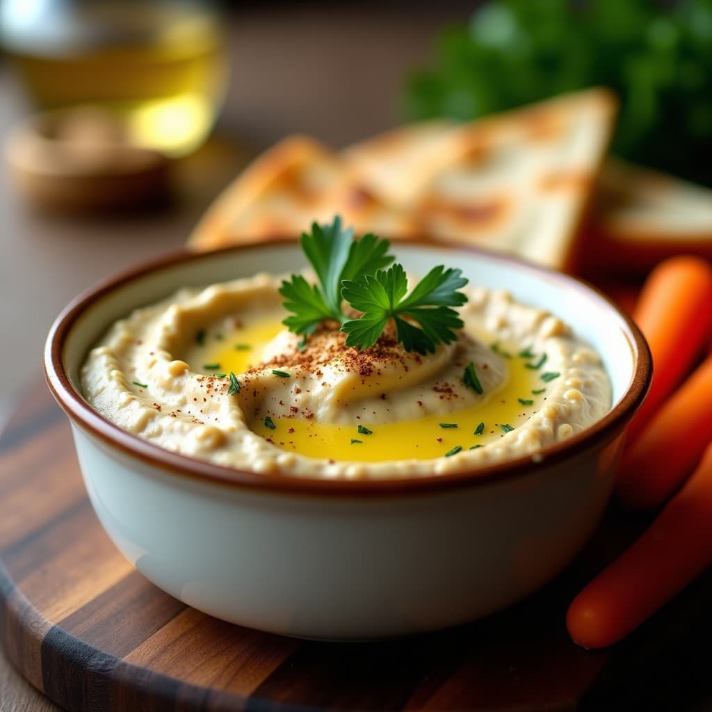 Bol de cerámica blanca con dip de garbanzos y alcachofas de color beige claro, decorado con zaatar espolvoreado, perejil fresco y un hilo de aceite de oliva. Acompañado de pan de pita tostado y bastones de zanahoria en un tablero de madera rústico. Receta de aperitivo libanés vegano.