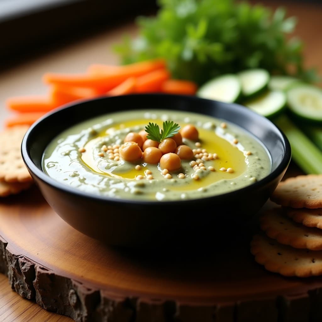 Bol de cerámica negra con dip cremoso de garbanzos y algas wakame, decorado con semillas de sésamo, garbanzos enteros y un chorrito de aceite de oliva. Acompañado de bastones de zanahoria, apio y crackers integrales sobre una tabla de madera rústica.