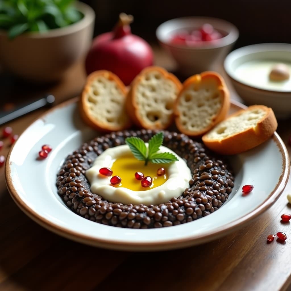 Plato blanco rústico con dip de lentejas beluga y ajoblanco, servido en espiral sobre tostadas de pan de centeno. Decorado con semillas de granada y hojas de menta fresca. Luz natural que resalta los colores terrosos y cremosos.