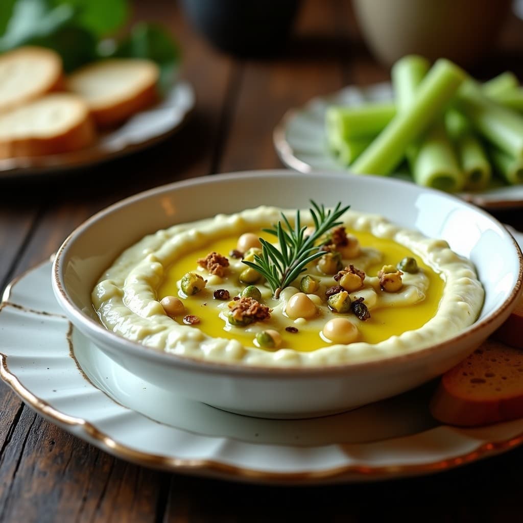 Dips de calabacín asado rellenos de crema de queso de cabra, decorados con pistachos picados y tomillo fresco, servidos en una bandeja de madera rústica con pan tostado al lado. Receta francesa de aperitivo gourmet.
