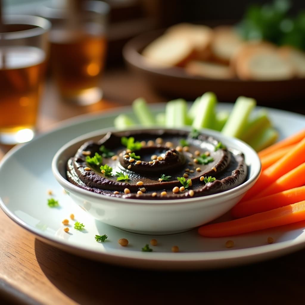 Plato hondo de cerámica blanca con dip cremoso de garbanzos negros y tahini, decorado con perejil picado y semillas de sésamo tostadas. Acompañado de bastones de apio y zanahoria orgánica en juliana, sobre fondo rústico de madera. Receta vegana para tupper.