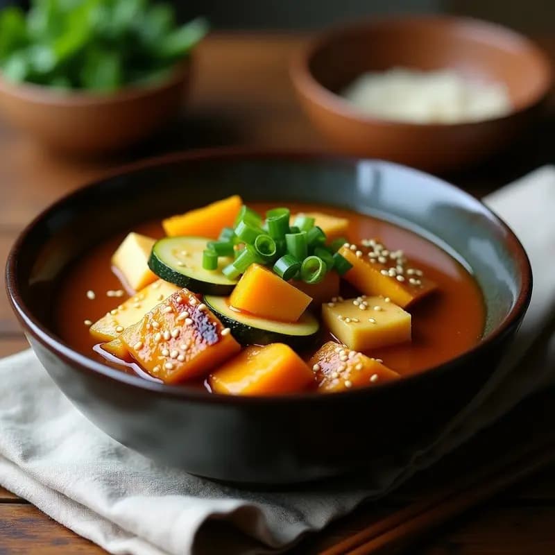 Cuenco de barro humeante con doenjang jjigae, estofado coreano de pasta de soja oscura, tofu dorado en cubos, trozos de calabaza asada y zucchini, decorado con cebollino fresco y semillas de sésamo tostadas sobre un mantel de lino beige.