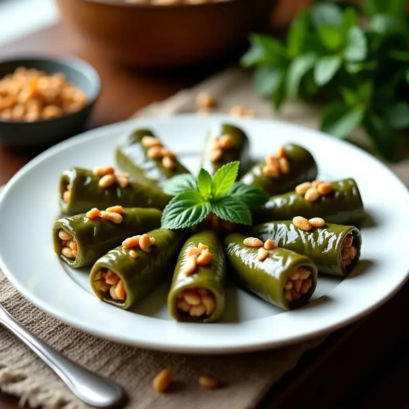 Plato blanco con dolmas armenios de hojas de parra rellenas de arroz y albaricoques secos, dispuestos en círculo y decorados con menta fresca y piñones tostados. Receta vegetariana tradicional.