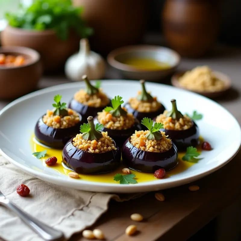 Plato ovalado de cerámica blanca con dolma de berenjena rellena de arroz salvaje y pasas, decoradas con cilantro fresco y piñones tostados, sobre un mantel de lino crudo. Receta armena sin gluten.