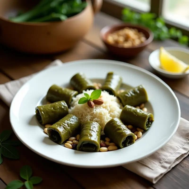 Plato blanco con dolmas turcos de hojas de parra rellenos de arroz basmati, hierbas frescas, piñones y pasas, servidos con rodajas de limón y decorados con hojas de menta.