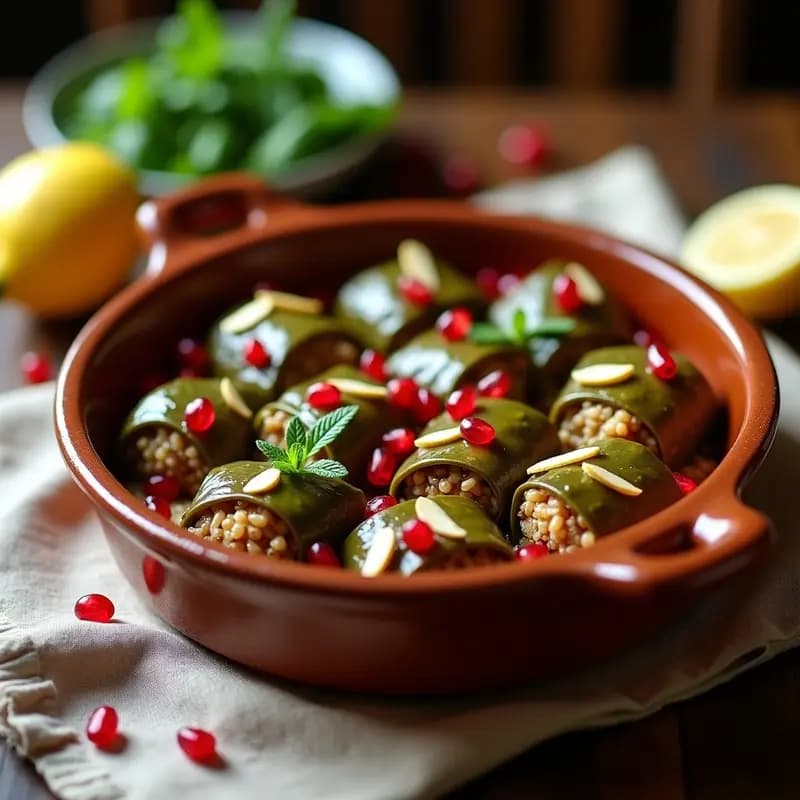 Dolma armenio-vegana al horno: rollitos dorados de hojas de parra rellenos de arroz salvaje, granadas y almendras, servidos en fuente de barro con semillas de granada espolvoreadas.