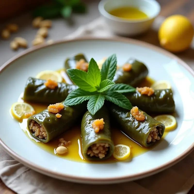 Plato de cerámica blanca con dolmas armenio-turcas veganas, rollitos de hojas de parra rellenos de arroz integral y pasas, decorados con menta fresca y un hilo de aceite de oliva, sobre fondo rústico de madera.