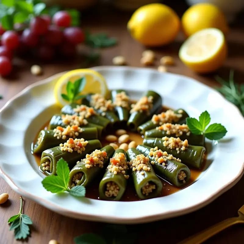 Plato blanco con dolma de hojas de parra rellenas de quinoa y pasas, dispuestas en círculo y decoradas con hierbas frescas y rodajas de limón. Receta griega en olla lenta, vegana y sin gluten.