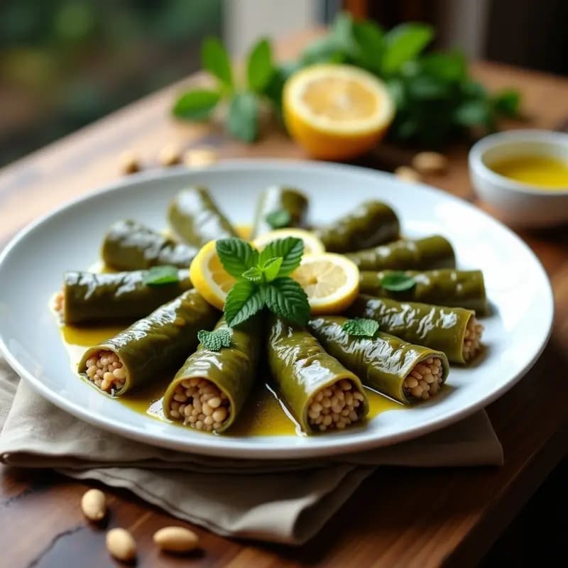 Plato blanco con dolmas de hojas de vid rellenos de arroz salvaje, decorados con hierbabuena fresca y rodajas de limón, sobre fondo de madera rústica. Receta turca en Thermomix.