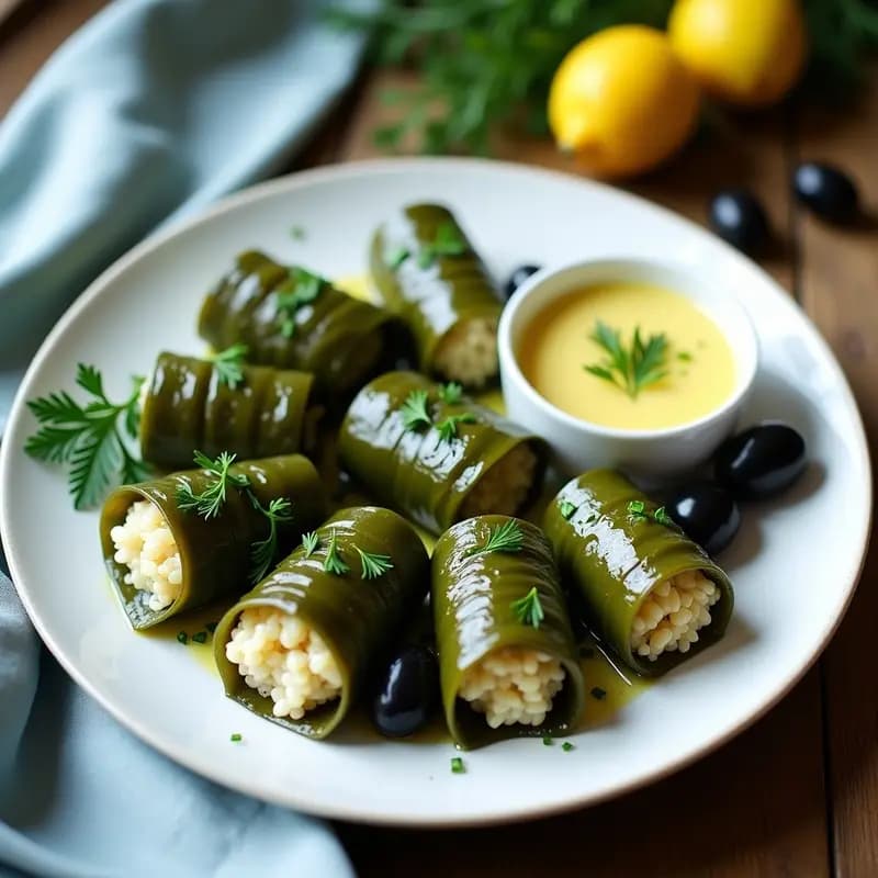 Plato blanco con dolmades de arroz basmati y hierbas griegas veganos, enrollados en hojas de parra, servidos con salsa avgolemono cremosa y decorados con eneldo fresco y aceitunas negras.