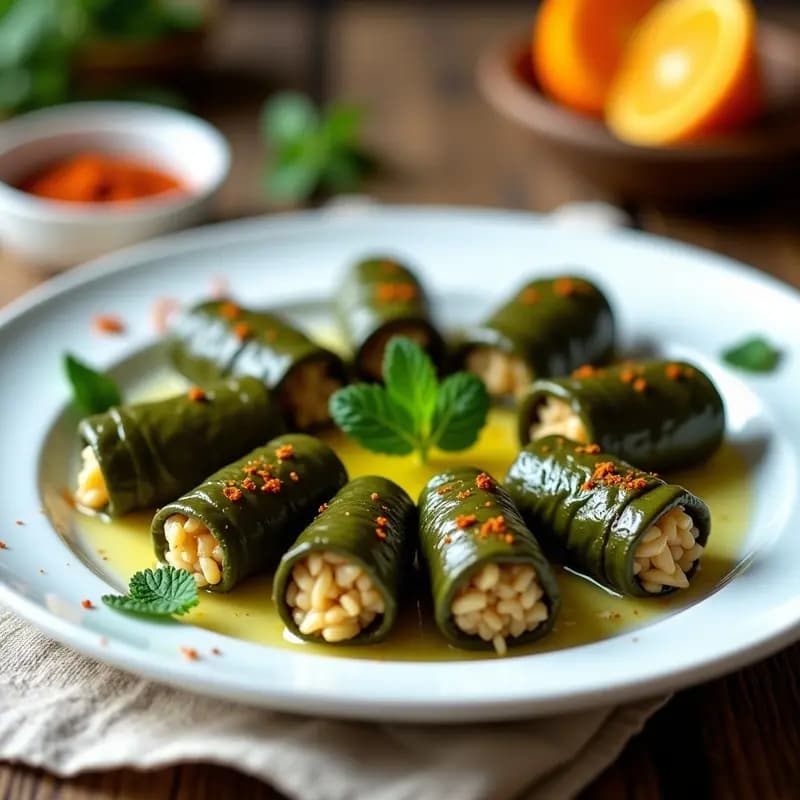 Plato blanco con dolmades griegas al vapor, rellenos de arroz basmati y hierbas frescas, servidos con hojas de menta y rodajas de naranja amarga.