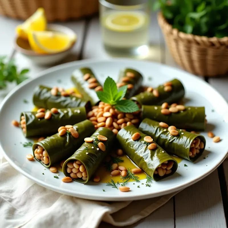 Plato blanco con dolmades de arroz integral y piñones, rollitos de hoja de parra griegos saludables, decorados con piñones tostados y hierbas frescas, servidos con limón y aceite de oliva.