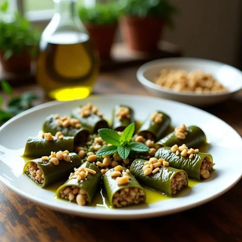 Plato blanco con dolmades de hojas de vid rellenos de arroz integral y piñones, bañados en vinagreta verde de lengua de pájaro, decorados con piñones tostados y hojas de menta fresca.