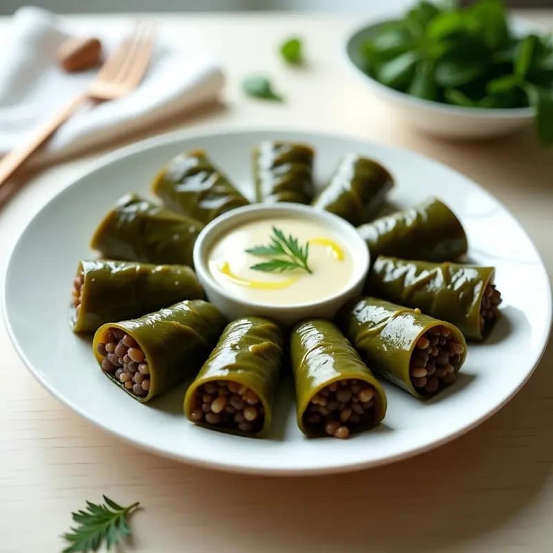 Plato blanco con dolmades de arroz integral y hierbas enrollados en hojas de parra, servidos con salsa de yogur sin lactosa y decorados con eneldo fresco. Receta griega vegana y saludable.