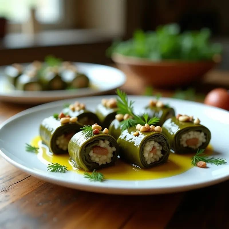 Plato blanco con dolmades de arroz salvaje y champiñones veganos, rollitos griegos perfectamente enrollados en hojas de parra, decorados con eneldo fresco y piñones tostados, con un fondo de madera rústica.