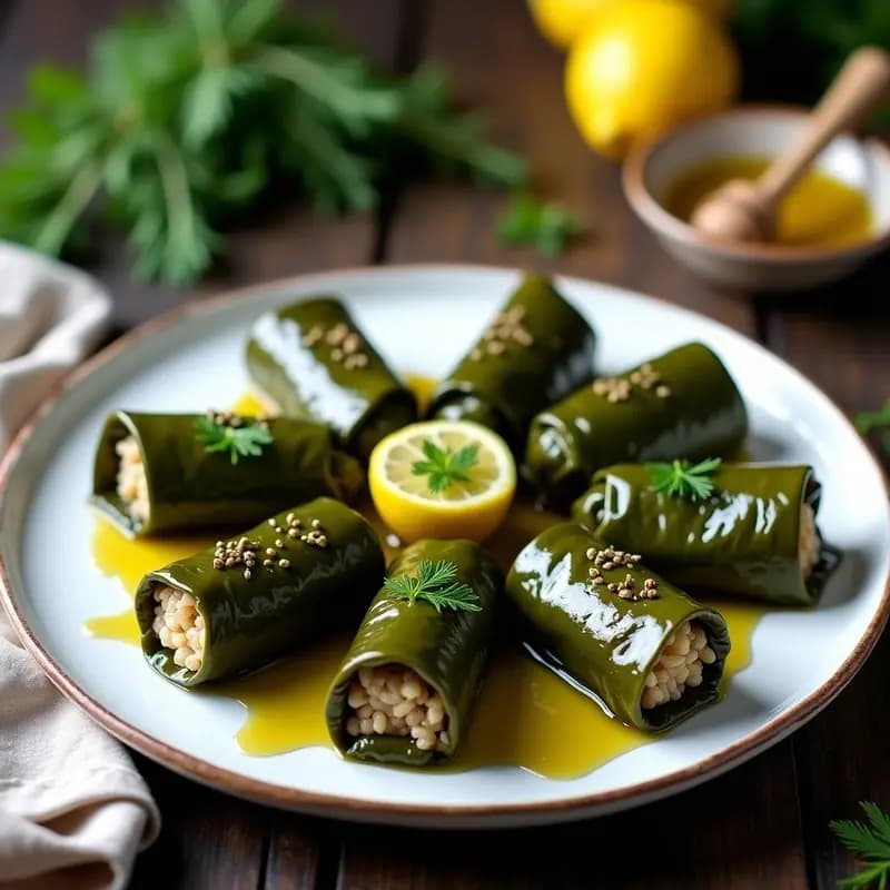 Plato blanco con dolmades de arroz salvaje y hierbas griegas, enrollados en hojas de parra, servidos con rodajas de limón y un hilo de aceite de oliva sobre fondo rústico de madera.