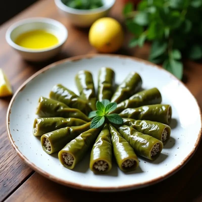 Plato blanco con dolmades de hojas de parra rellenos de arroz salvaje y hierbas, dispuestos en círculo con limón y aceite de oliva, receta griega sin gluten.