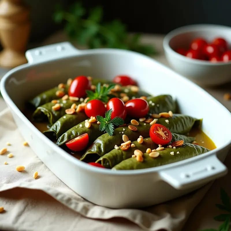 Fuente de barro con dolmades griegos veganos al horno, enrollados en hojas de parra doradas, rellenos de arroz salvaje y pasas, con un toque de limón y hinojo fresco. Receta tradicional griega con un giro saludable.