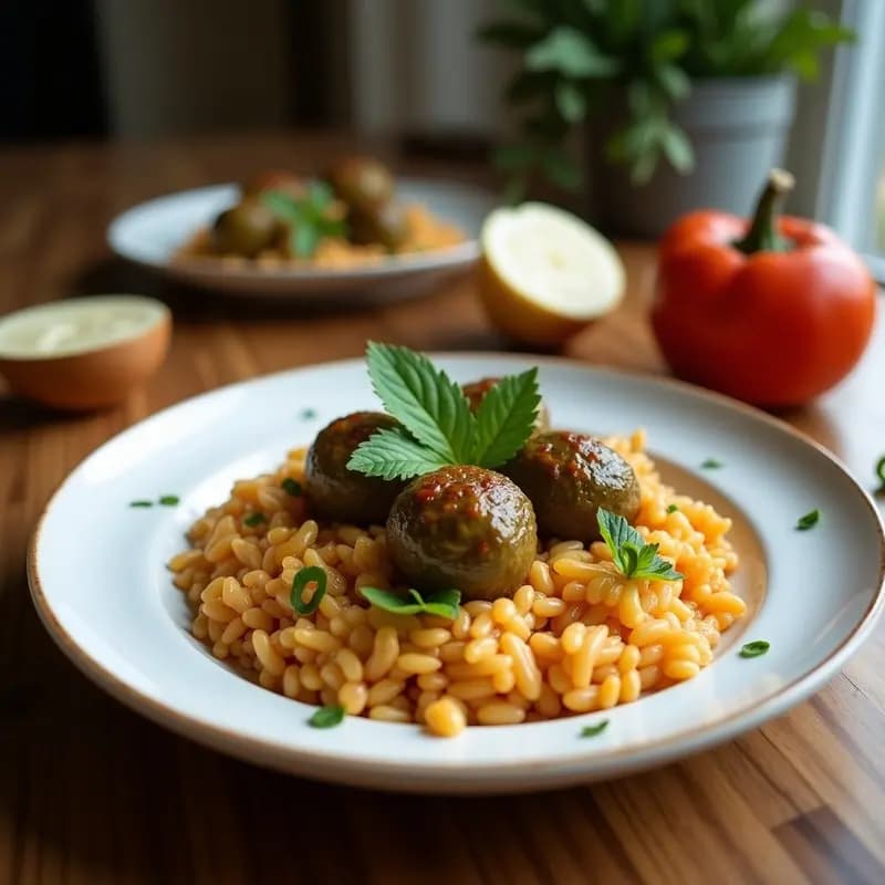 Plato blanco con dolmades griegos de arroz salvaje y piñones, rollitos de hoja de parra perfectamente enrollados, decorados con menta fresca y rodajas de limón, con un fondo rústico de madera.