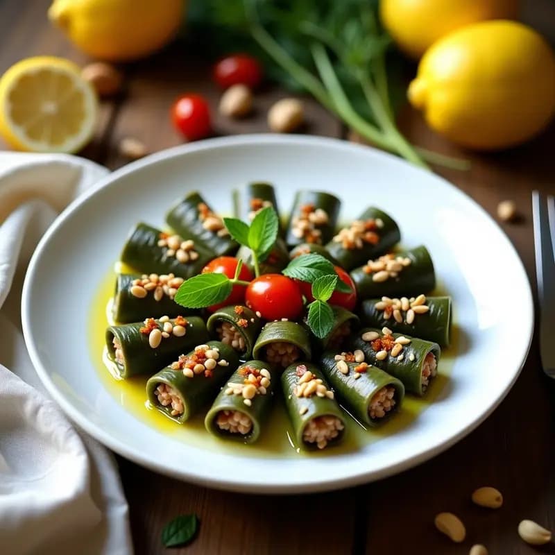 Plato blanco ovalado con dolmades de hojas de vides rellenos de arroz salvaje y tomates secos, dispuestos en círculo. Decorados con menta fresca, piñones tostados y un hilo de aceite de oliva virgen extra. Fondo de madera rústica con limones cortados y ramitas de hinojo.