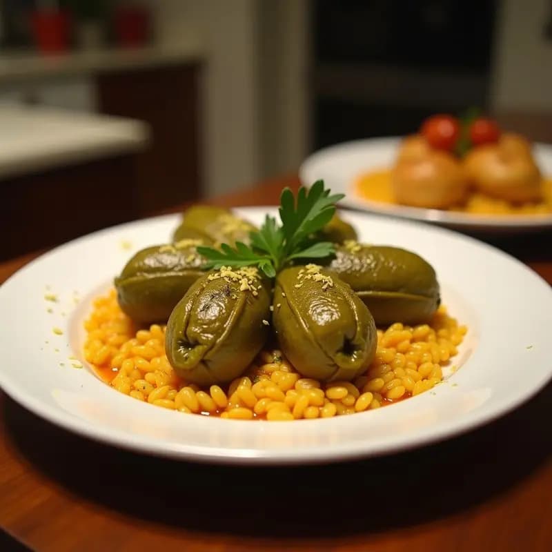 Plato blanco con dolmades de calabacín rellenos de arroz salvaje y pasas, decorados con hojas de parra y piñones tostados. Receta griega sin gluten.
