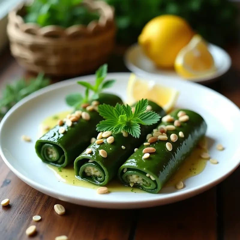 Dolmades de espinaca y arroz integral en Thermomix servidos en plato blanco con hierbas frescas y rodajas de limón, receta griega sin gluten.