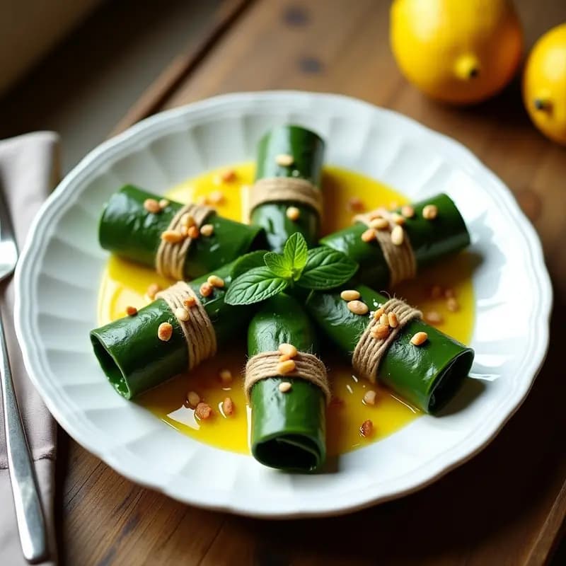 Plato blanco con seis dolmades de espinaca y piñones keto, enrollados y atados con hilo, bañados en salsa de limón amarilla brillante, decorados con hojas de menta fresca y piñones tostados, sobre fondo de madera rústica.