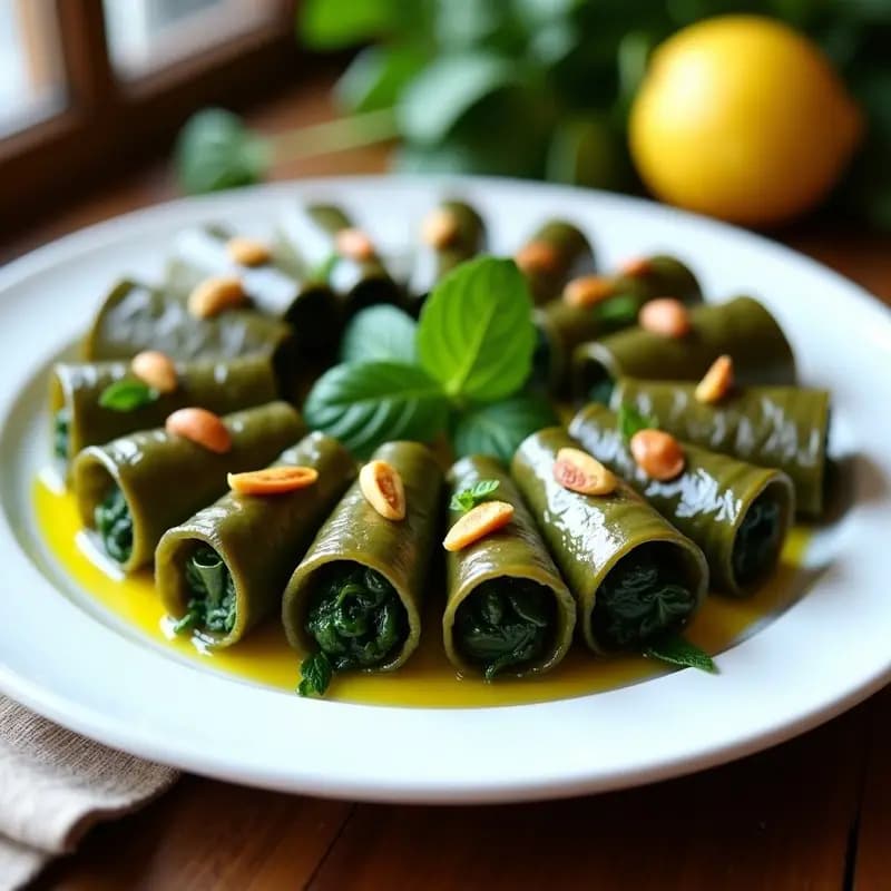 Plato blanco con dolmades de espinaca y piñones, rollitos de hojas de parra griegos sin carne ni lactosa, decorados con menta fresca y un hilo de aceite de oliva virgen extra, sobre fondo rústico de madera.