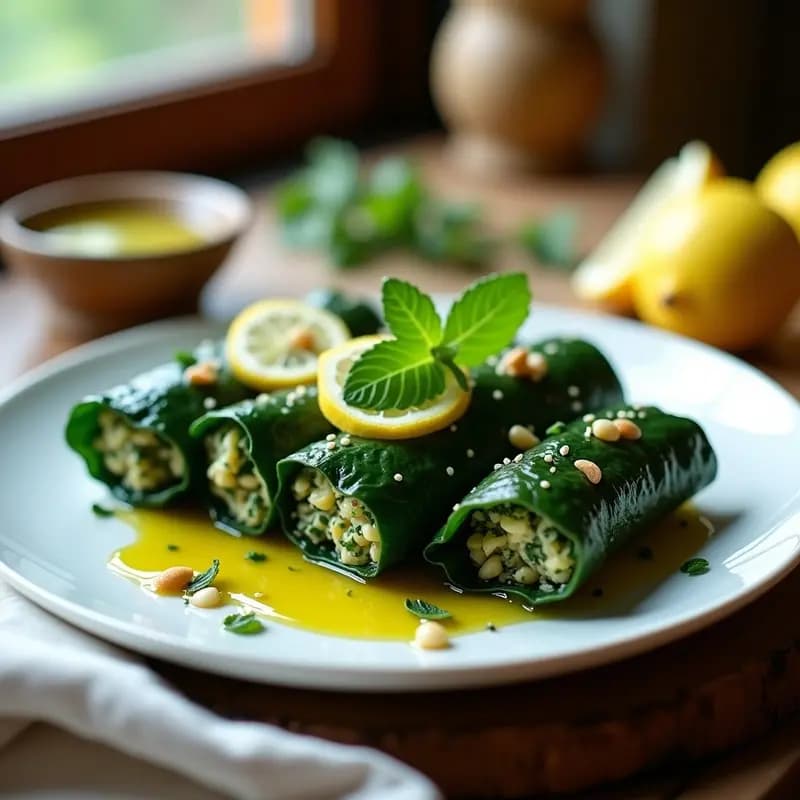 Dolmades de espinaca y piñones con limón, entrante griego vegano y sin gluten, presentados en plato blanco con hojas de hierbabuena y rodajas de limón fresco.
