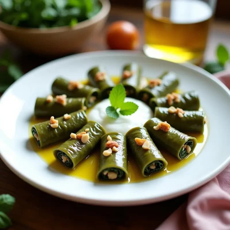 Plato blanco con dolmades griegos veganos de espinaca y piñones, enrollados en hojas de parra, acompañados de un bol de salsa cremosa de yogur de soja con eneldo. Decoración con hojas de menta fresca y piñones tostados.