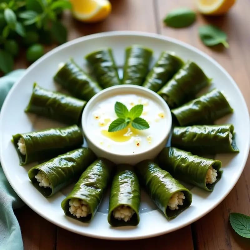 Plato blanco con dolmades griegos veganos de espinacas y arroz basmati, enrollados en hojas de parra, acompañados de salsa de yogur cremosa y decorados con menta fresca y rodajas de limón.