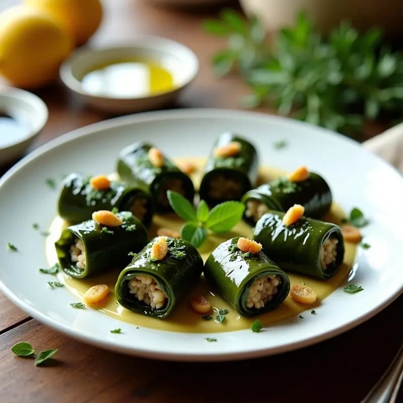 Plato blanco con dolmades de espinacas y arroz integral veganos, enrollados con precisión y servidos con rodajas de limón y hierbas frescas, receta griega sin gluten.