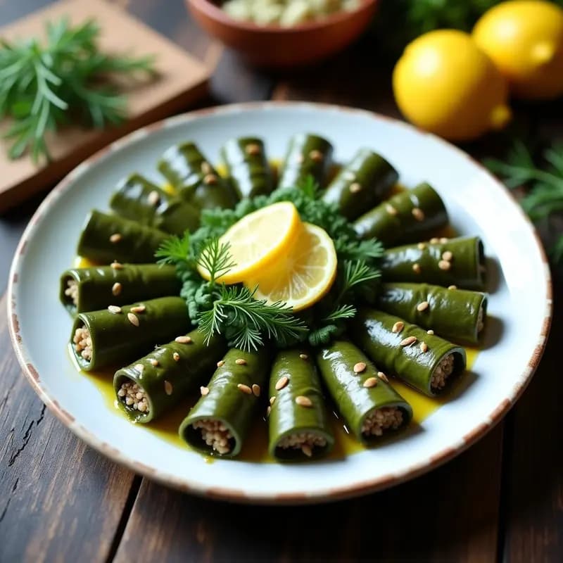 Plato blanco con dolmades griegos rellenos de espinacas y arroz salvaje, decorados con eneldo fresco y rodajas de limón, sobre un fondo rústico de madera.