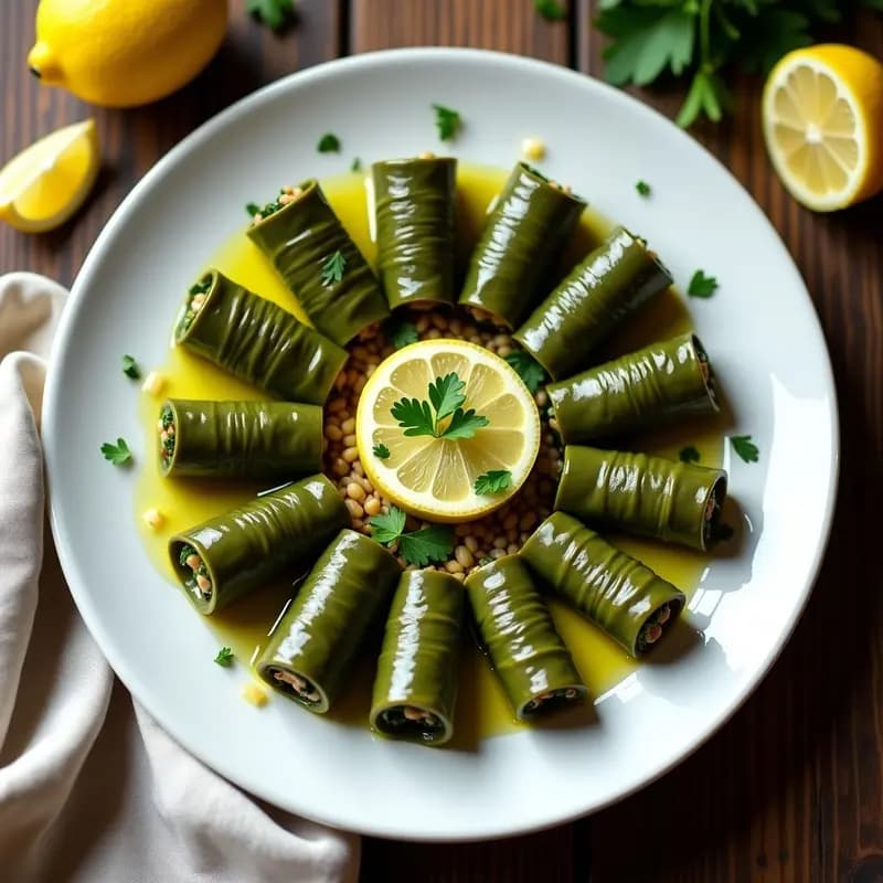 Plato blanco con dolmades de espinacas y limón veganos, enrollados en hojas de parra, decorados con rodajas de limón y perejil fresco, sobre un fondo rústico de madera.