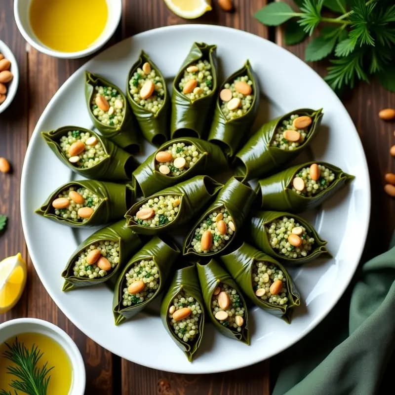 Plato blanco con dolmades de espinacas y piñones, rollitos griegos rellenos de arroz basmati y hierbas frescas, dispuestos en círculo y decorados con rodajas de limón y ramitas de eneldo.
