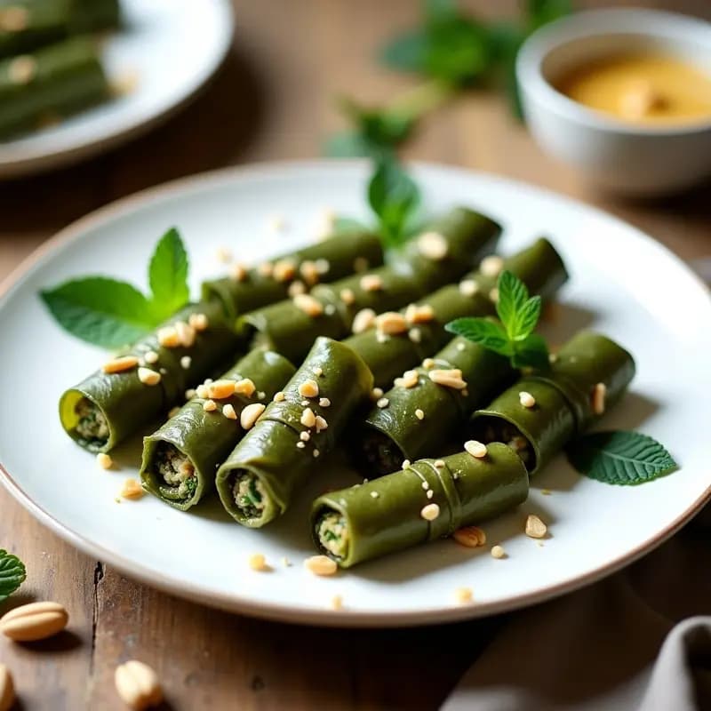 Plato blanco con dolmades de espinacas y piñones veganos en olla exprés, rollitos griegos perfectamente enrollados en hojas de parra, decorados con hierbabuena fresca y piñones tostados, servidos sobre un fondo rústico de madera.