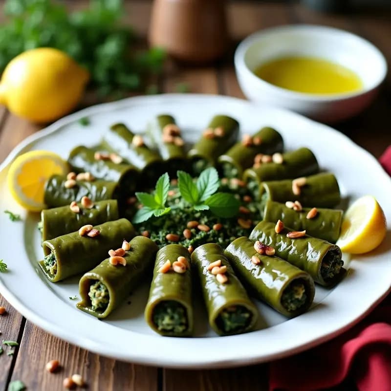 Plato blanco con dolmades griegos veganos de espinacas y piñones, enrollados en hojas de parra, servidos con rodajas de limón y hierbas frescas.