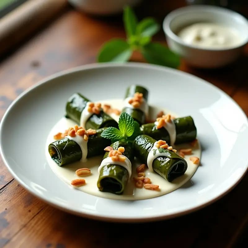 Plato blanco con dolmades de espinacas y piñones alineados, bañados en salsa de yogur de soja cremosa, decorados con hojas de menta fresca y piñones tostados, sobre fondo rústico de madera.