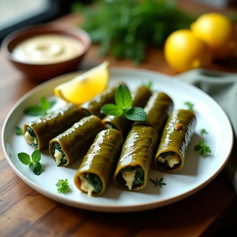 Plato blanco con dolmades de espinacas y queso vegano dorados en airfryer, servidos con rodajas de limón y eneldo fresco, receta griega sin carne.
