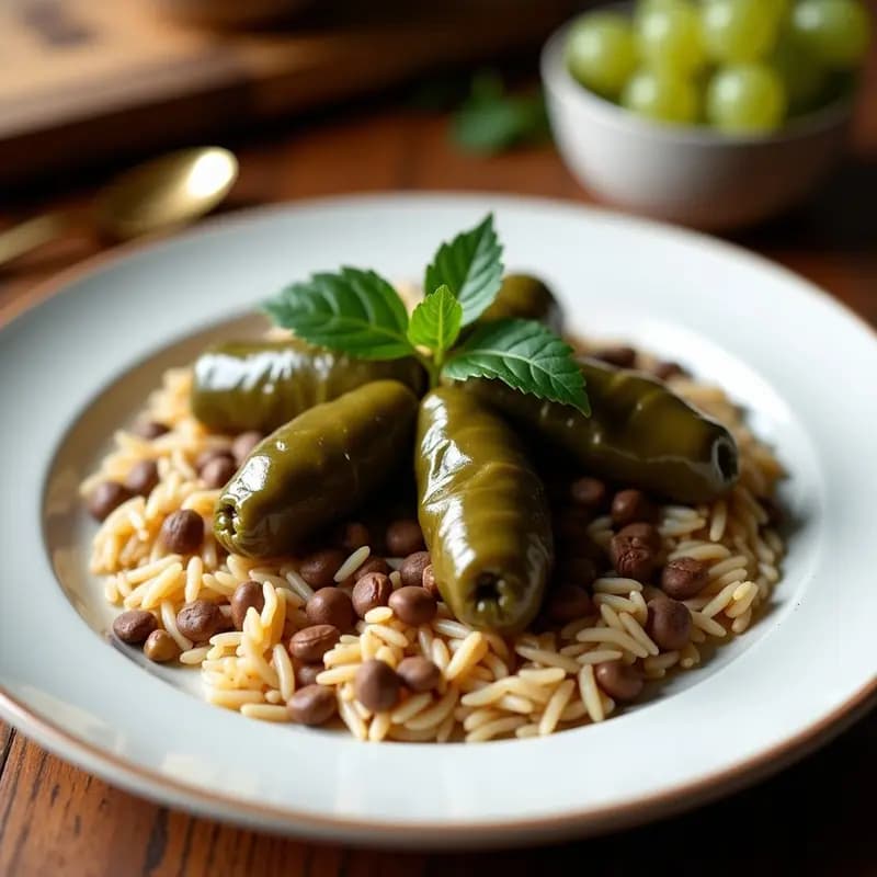 Plato blanco rústico con dolmades griegas veganas sin gluten, enrolladas en hojas de parra, rellenas de lentejas y arroz basmati, decoradas con menta fresca y piñones tostados. Acompañadas de rodajas de limón y un chorrito de aceite de oliva virgen extra.