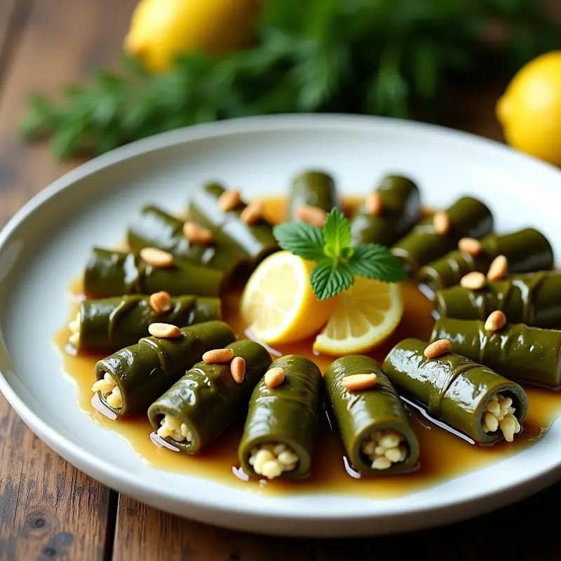 Plato blanco con dolmades griegos perfectamente enrollados en hojas de parra, rellenos de arroz basmati y hierbas frescas, servidos con una rodaja de limón y decorados con ramitas de menta, receta en olla lenta sin aceite.
