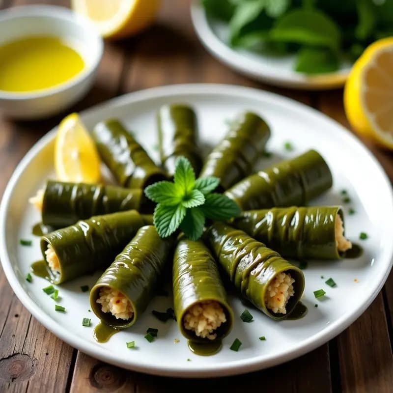 Plato blanco con dolmades griegos rellenos de arroz y hierbas, enrollados en hojas de parra, decorados con rodajas de limón y ramitas de menta fresca, receta tradicional en olla exprés.
