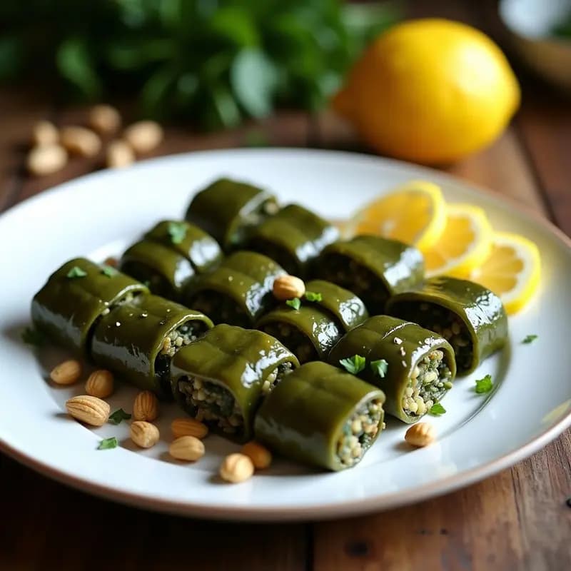 Plato blanco con dolmades griegos rellenos de arroz salvaje y hierbas, servidos con rodajas de limón y aceitunas. Receta vegana y baja en calorías.