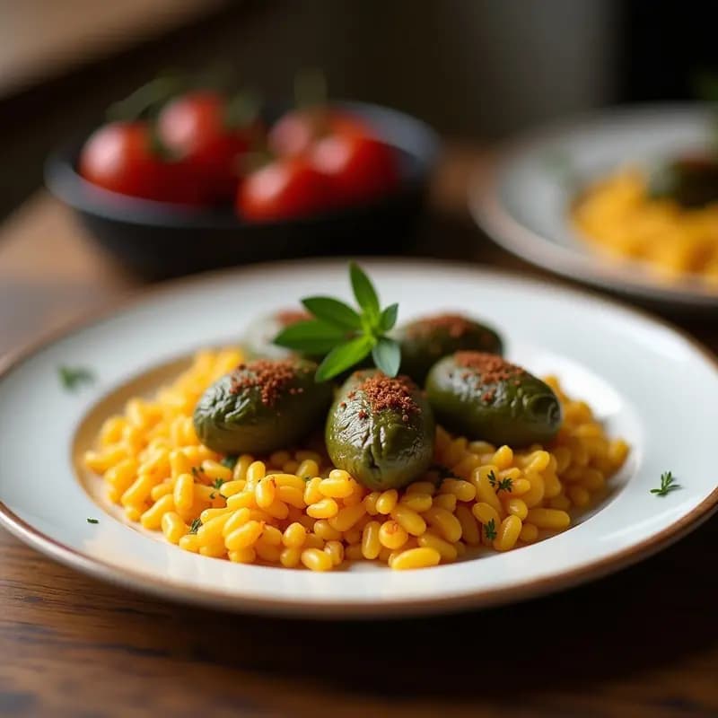 Plato de cerámica blanca con dolmades griegos de hojas de parra rellenas de arroz, decorados con rodajas de limón y hojas de menta fresca, aperitivo mediterráneo tradicional.