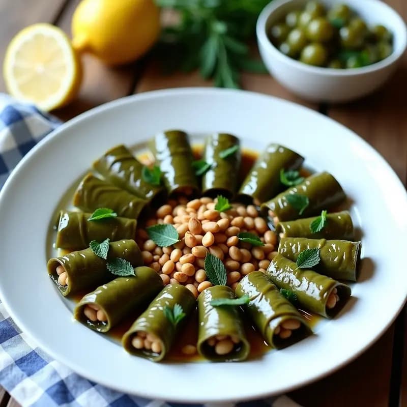 Plato blanco con dolmades de hoja de parra rellenos de arroz integral y piñones, decorados con hierbas frescas y limón, receta griega en olla exprés.