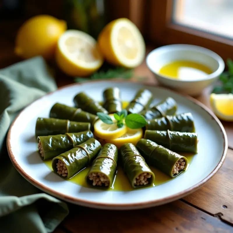 Plato de cerámica blanca con dolmades griegos de hoja de parra y arroz integral, enrollados apretadamente y brillantes por el aceite de oliva, decorados con rodajas de limón y hierbas frescas como eneldo y menta. fondo rústico de madera con luz natural.